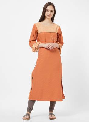 Orange printed cotton silk kurti 1