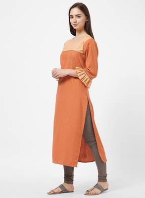 Orange printed cotton silk kurti 4