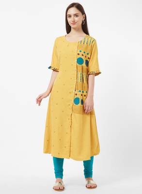Yellow printed cotton kurti 1