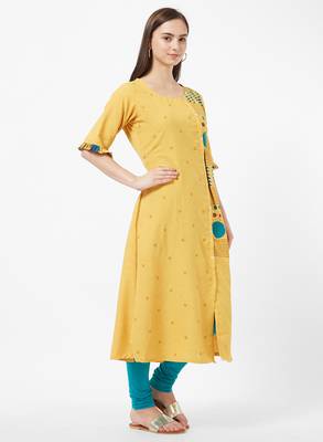 Yellow printed cotton kurti 3
