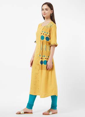 Yellow printed cotton kurti 4