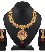 Traditional Designer Leaf Shape Gold Plated Multy Stone Necklace Set For Women