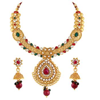Traditional Designer Leaf Shape Gold Plated Multy Stone Necklace Set For Women 2