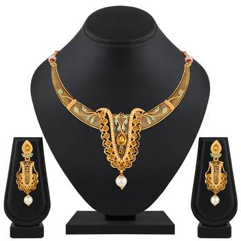 Exclusive Leaf Design Gold Plated Lct Stone Enamel Work Necklace Set For Women 1