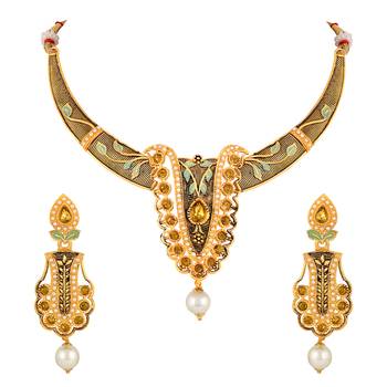 Exclusive Leaf Design Gold Plated Lct Stone Enamel Work Necklace Set For Women 2