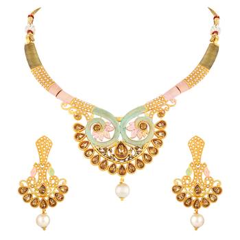 Latest Fashionable Choker Style Enamel Work Gold Plated Lct Stone Necklace Set For Women 2