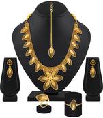 Pretty Leaf Shape Gold Plated Choker Style Necklace Set With Mangtikka For Women