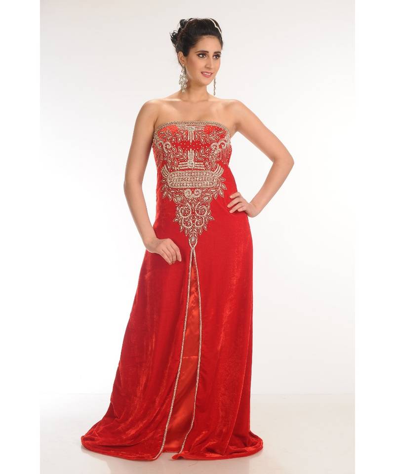 red velvet embroidered zari_work fustan partywear gown