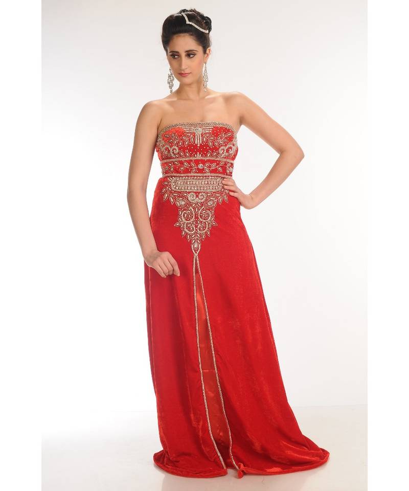 red velvet embroidered zari_work fustan partywear gown