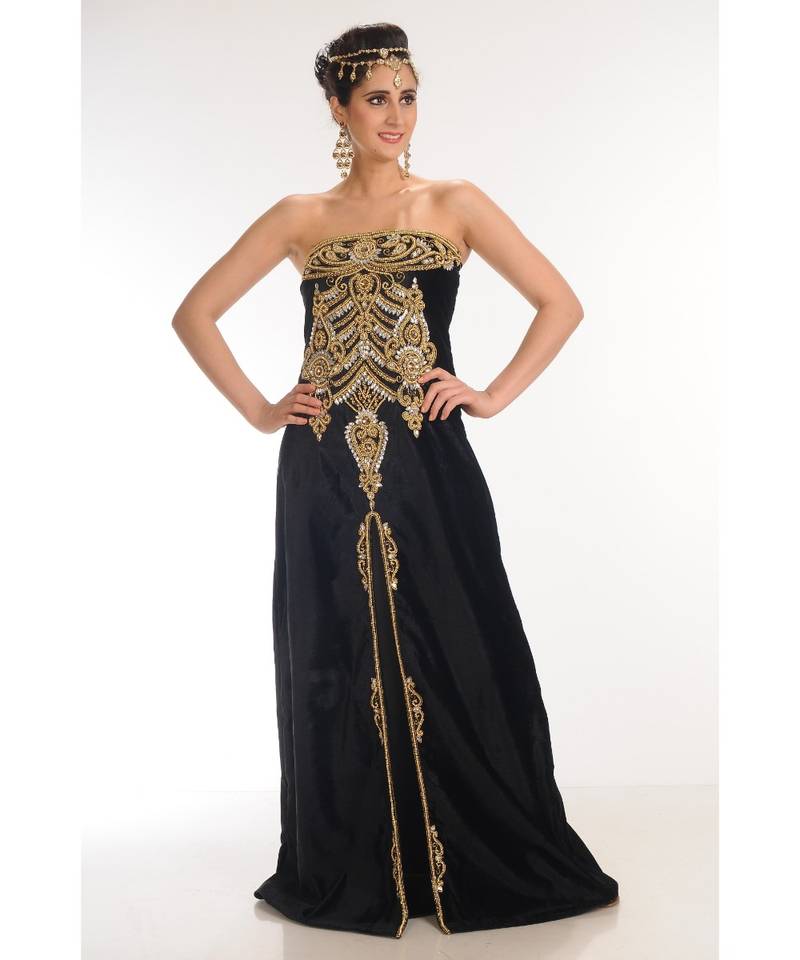 black velvet embroidered zari_work fustan partywear gown