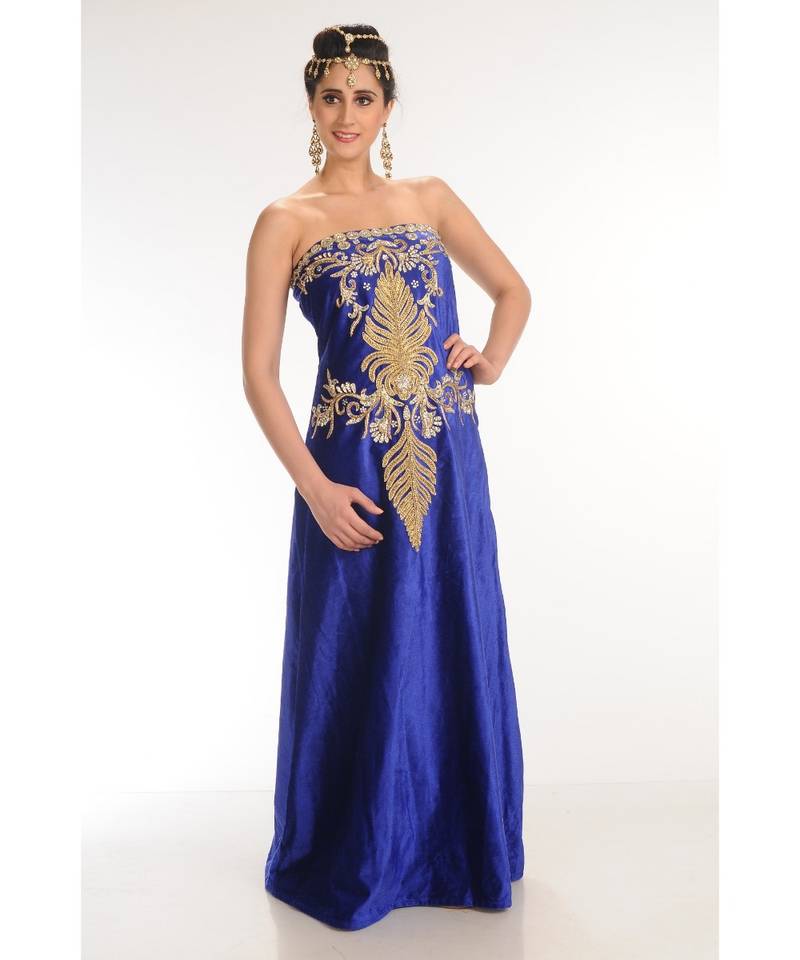 royal-blue velvet embroidered zari_work fustan partywear gown