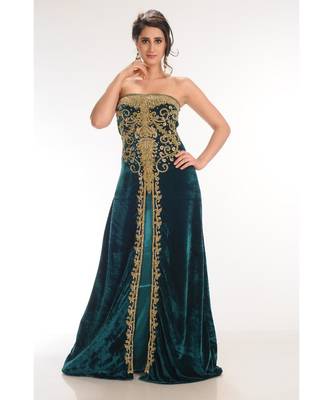 teal velvet embroidered zari_work fustan partywear gown 1