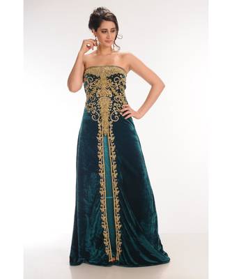 teal velvet embroidered zari_work fustan partywear gown 2