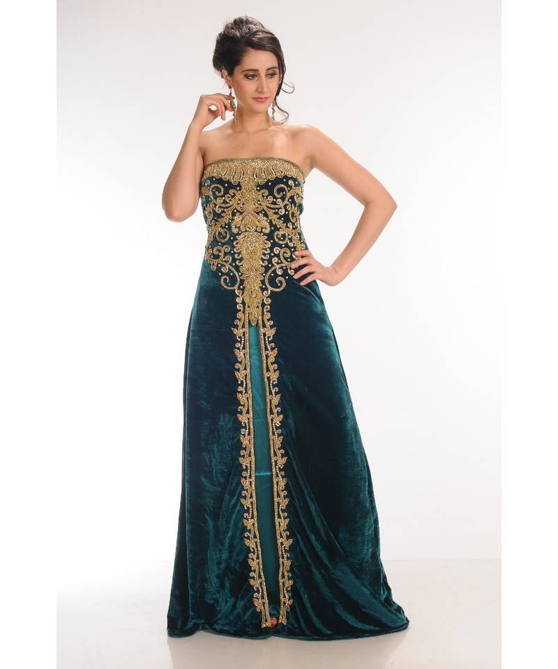 teal velvet embroidered zari_work fustan partywear gown