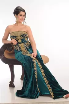 teal velvet embroidered zari_work fustan partywear gown