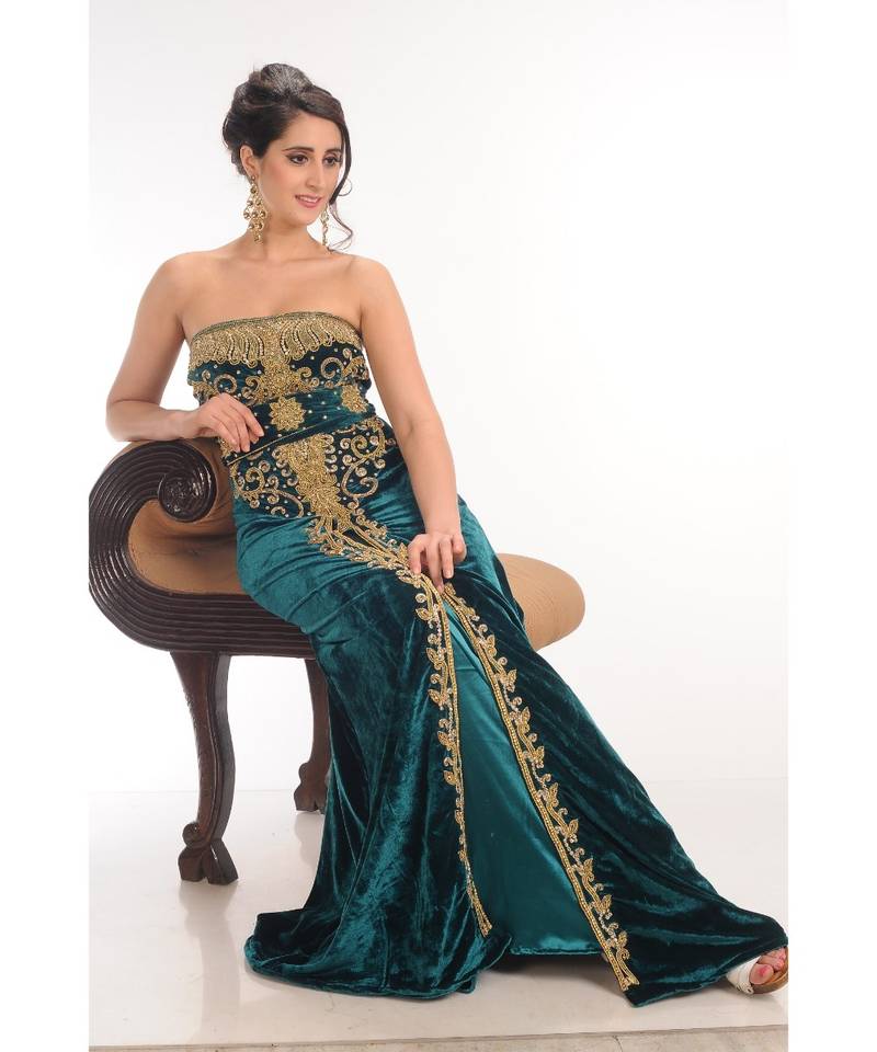 teal velvet embroidered zari_work fustan partywear gown