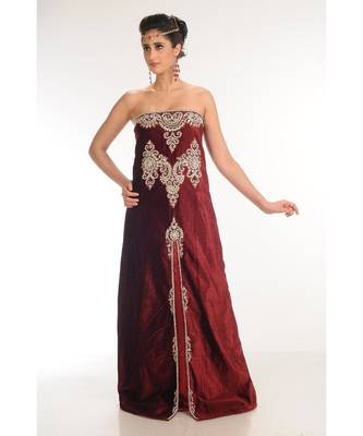 maroon velvet embroidered zari_work fustan partywear gown 1
