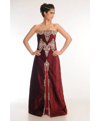 maroon velvet embroidered zari_work fustan partywear gown 2