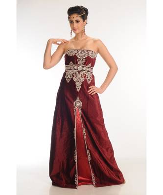 maroon velvet embroidered zari_work fustan partywear gown 3