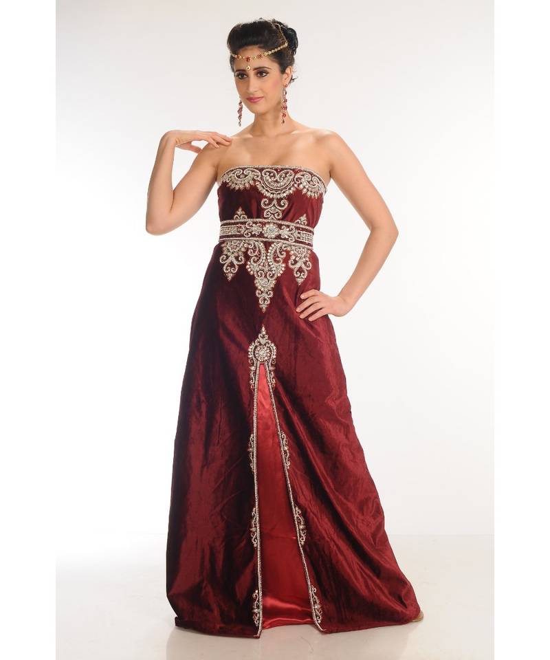maroon velvet embroidered zari_work fustan partywear gown
