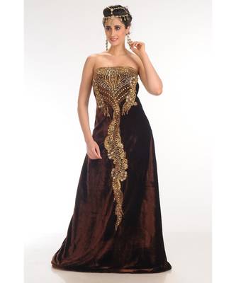 brown velvet embroidered zari_work fustan partywear gown 1