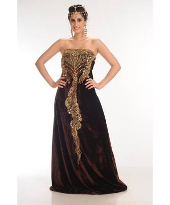 brown velvet embroidered zari_work fustan partywear gown 2