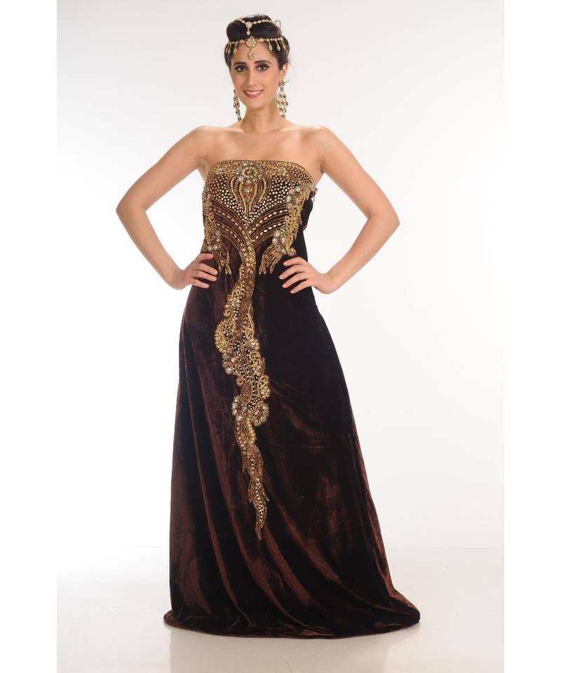 brown velvet embroidered zari_work fustan partywear gown