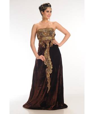 brown velvet embroidered zari_work fustan partywear gown 3