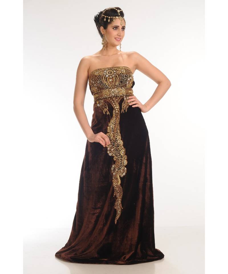 brown velvet embroidered zari_work fustan partywear gown