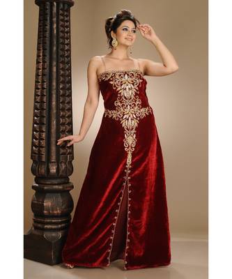 maroon velvet embroidered zari_work fustan partywear gown 1