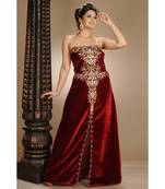 maroon velvet embroidered zari_work fustan partywear gown