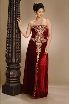 maroon velvet embroidered zari_work fustan partywear gown