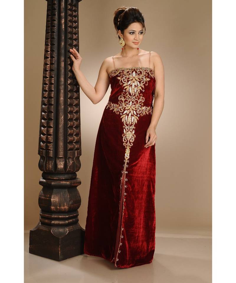 maroon velvet embroidered zari_work fustan partywear gown