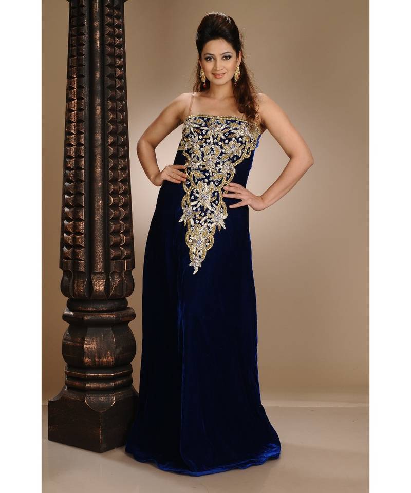 royal-blue velvet embroidered zari_work fustan partywear gown