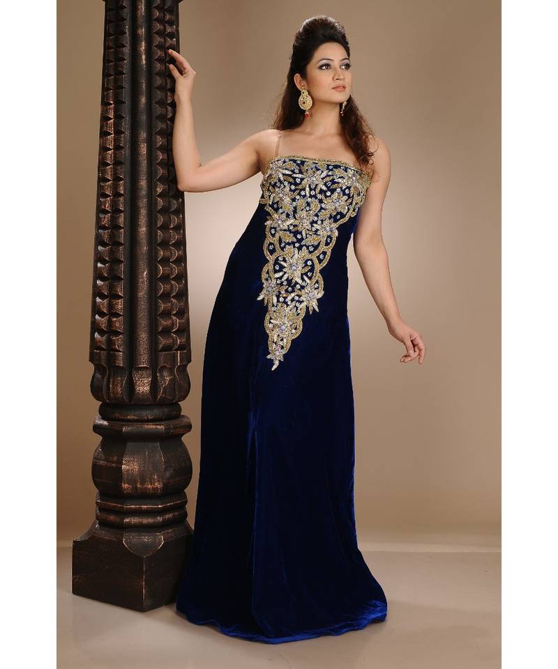 royal-blue velvet embroidered zari_work fustan partywear gown
