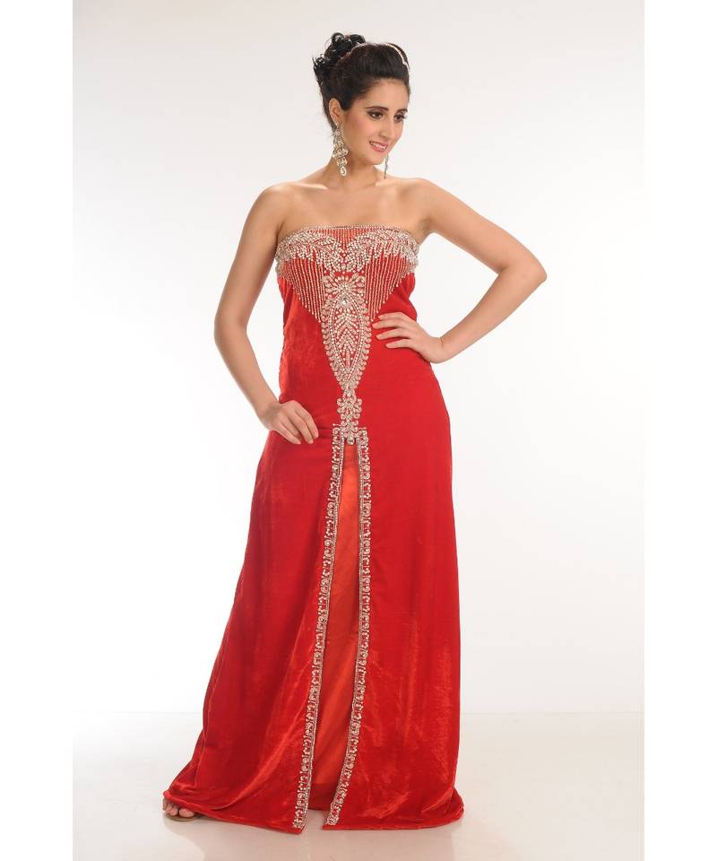 red velvet embroidered zari_work fustan partywear gown