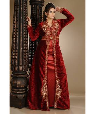 Grand Maroon Velvet Kaftan with Gold Zari Work | Luxurious Layered Event Dress 1