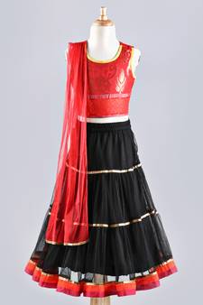 Twisha Stylish brocade choli with designer three tiered  lehenga with Dupatta-Red