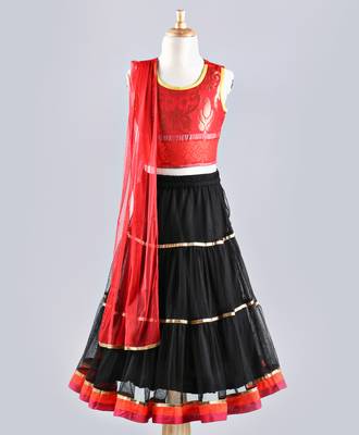 Twisha Stylish brocade choli with designer three tiered  lehenga with Dupatta-Red 1