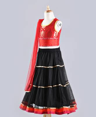 Twisha Stylish brocade choli with designer three tiered  lehenga with Dupatta-Red 2