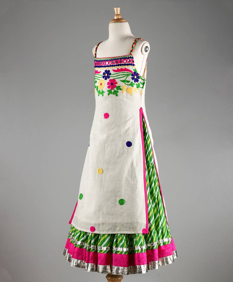 Twisha Stylish Floral Embroidered Long  choli  with designer Lehariya flared lehenga-White