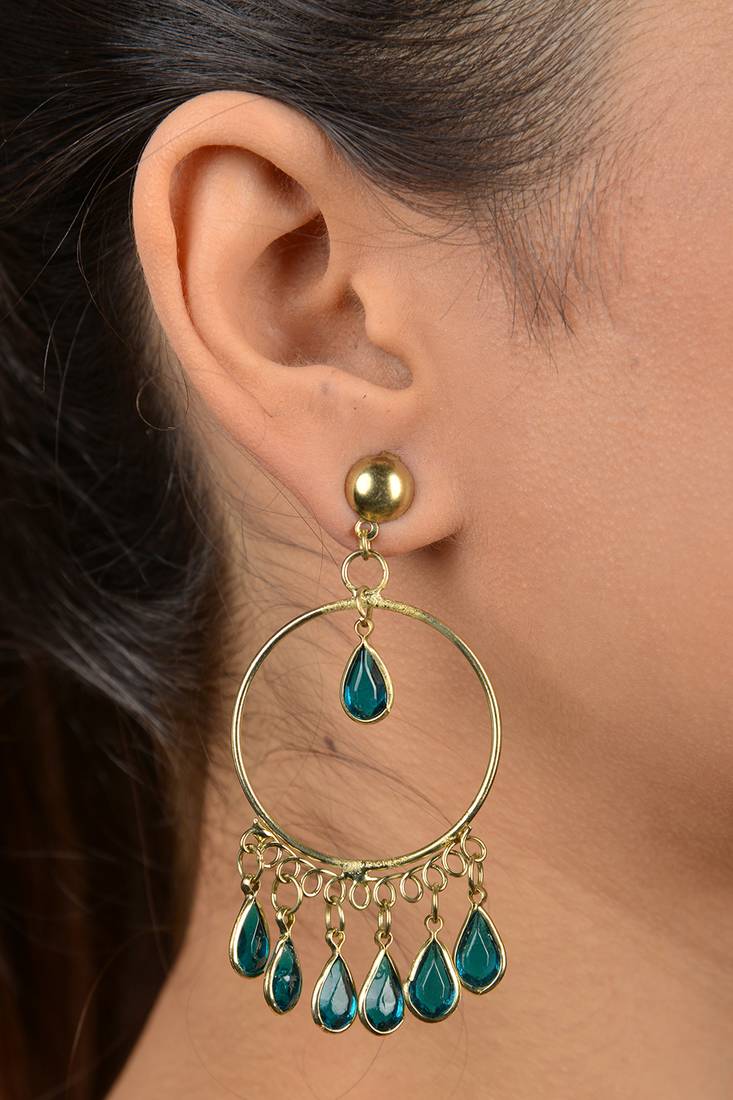 Teal Stones Gold Hoops