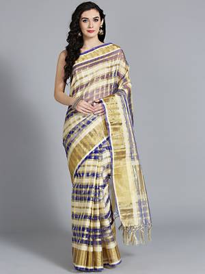 Blue printed cotton poly saree with blouse 1