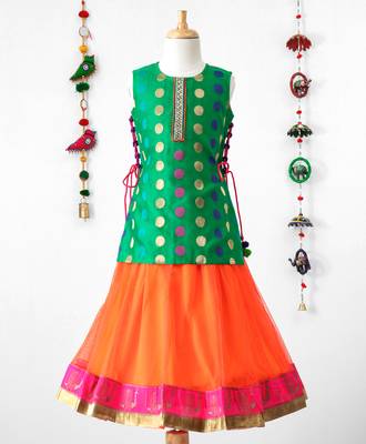 Twisha Stylish Brocade Long choli with tie up &  trendy Net Lehanaga- Green 1