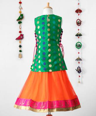 Twisha Stylish Brocade Long choli with tie up &  trendy Net Lehanaga- Green 2