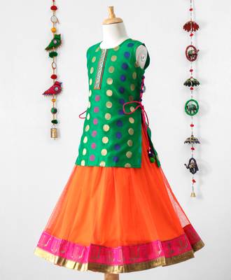 Twisha Stylish Brocade Long choli with tie up &  trendy Net Lehanaga- Green 3