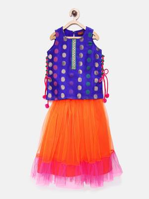 Twisha Stylish Brocade Long choli with tie up and Trendy Net Lehenga- Blue 1
