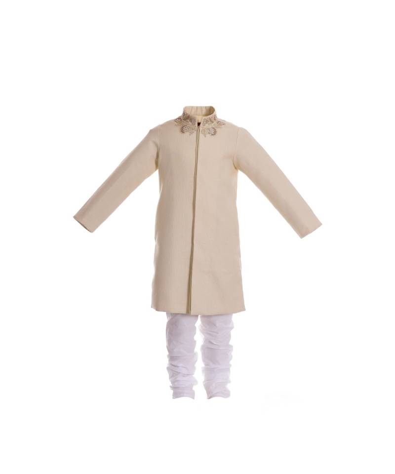 Beige embroidered khadi boys sherwani