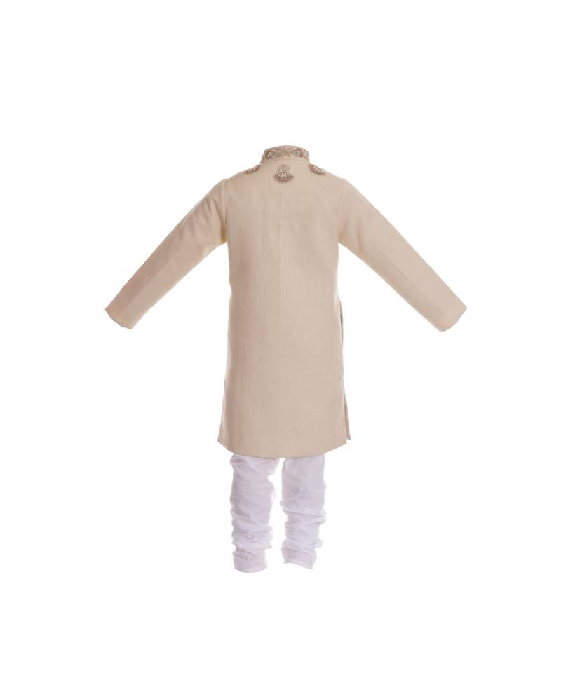 Beige embroidered khadi boys sherwani