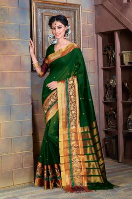 Green  hand woven cotton silk saree with blouse 1